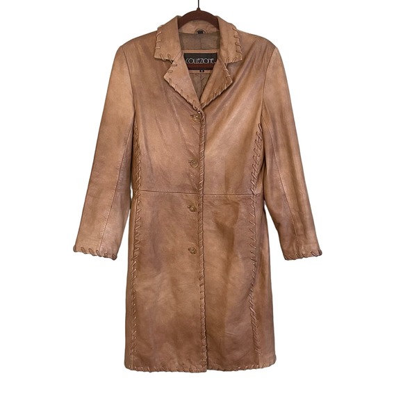 COLLEZIONE Coat 6 Vintage Leather Whip Stitch Collared Button Up Vented Brown - Picture 1 of 10